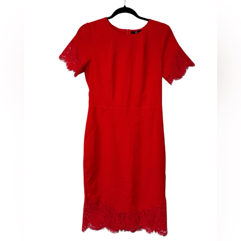 H&M Red Sheath cocktail Dress with lace Flutter Sleeves,lace bottom trim
